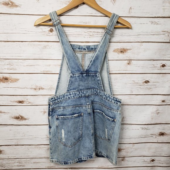 F21 Distressed Denim Overall Jumper Dress Pockets Light Blue MIni Size M - Picture 7 of 12